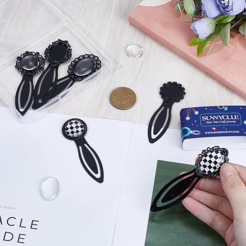SUNNYCLUE 1 Box 12Pcs DIY 6 Sets Cabochon Bookmark Retro Style Black Metal Bookmarks Blanks Glass Dome Vintage Bookmark Bezel Tray Book Marks Clip Round Oval Clear Cabochons for Bookworm DIY Crafts - Image 3