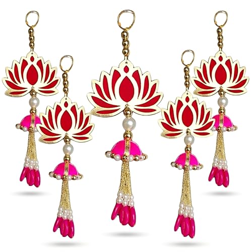 Image of Handcrafted Decorative Wall Decor Lotus Jhumki Hanging Ornament for Ganpati Diwali Navratri and Pooja Setup Home Entrance Mandir Temple Decor Pack of 6