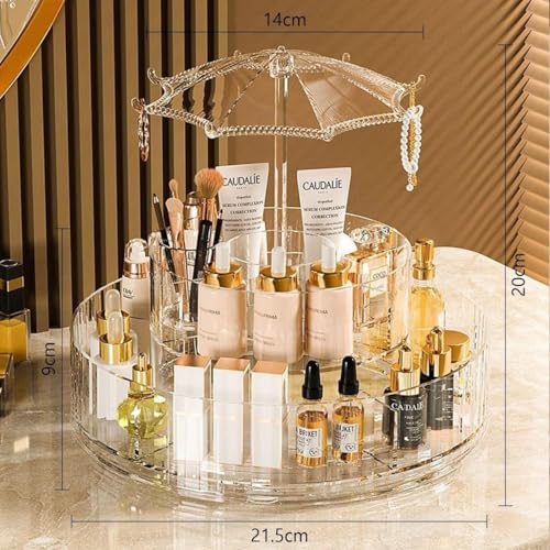 Image of 360 Degree Rotating Makeup Organizer with Jewelry Hooks, Large Acrylic Cosmetic Storage Rack for Skincare Products, Perfumes, Makeup Brushes, and Accessories (Pack of 1)