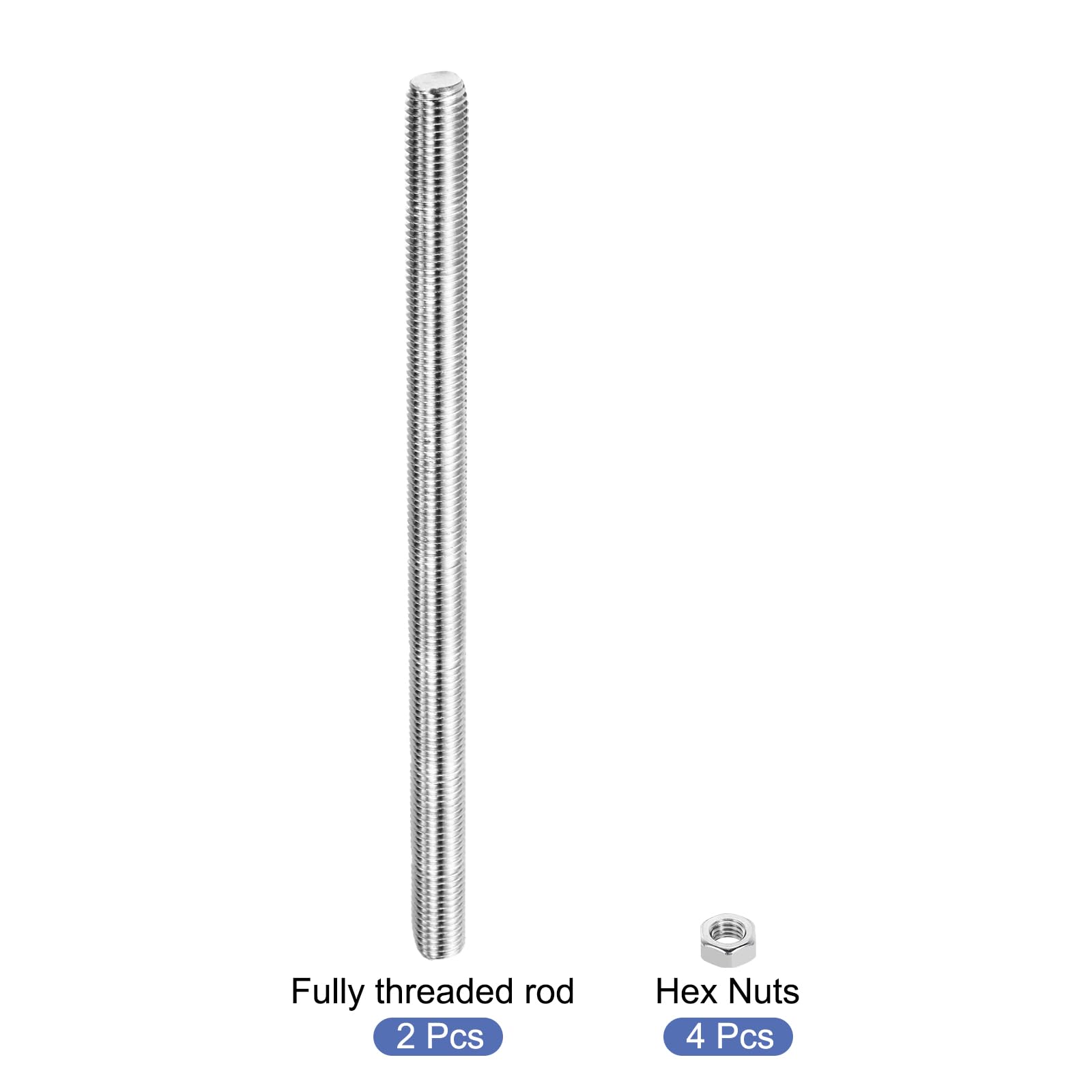 QUARKZMAN 2pcs Varilla Roscada M16 x 250mm, Perno Roscado a la Derecha Métrico Varillas Roscadas Completas de Acero Inoxidable con 4pcs Tuercas Hexagonales de 1.25mm Paso, Plateado