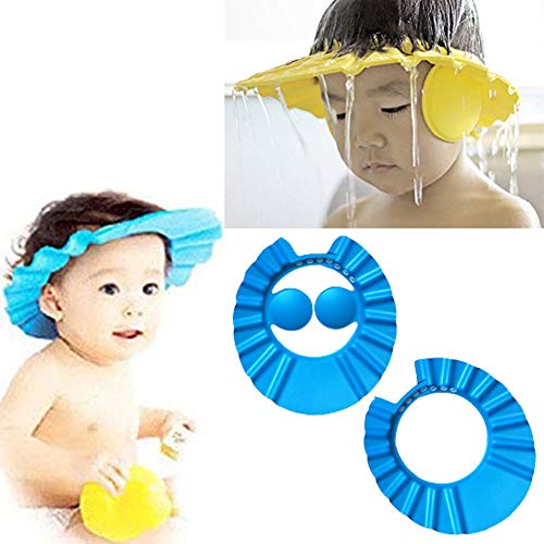 Waxplle 2PCS Leak Proof Baby Bath Visor Safe Shampoo Shower Bathing Protection Bath Cap Soft Adjustable Visor Hat with and Without Ears for Baby, Toddler, Kids (Blue)