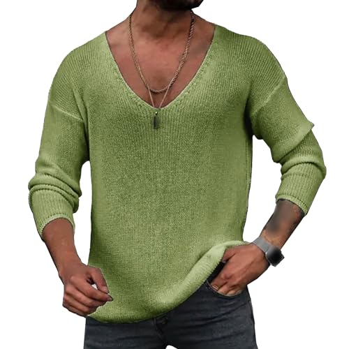 Men's V Neck Knitted Pullover Regular Fit Long Sleeve Male Knit Sweater Solid Color Knits Pullovers Sweaters