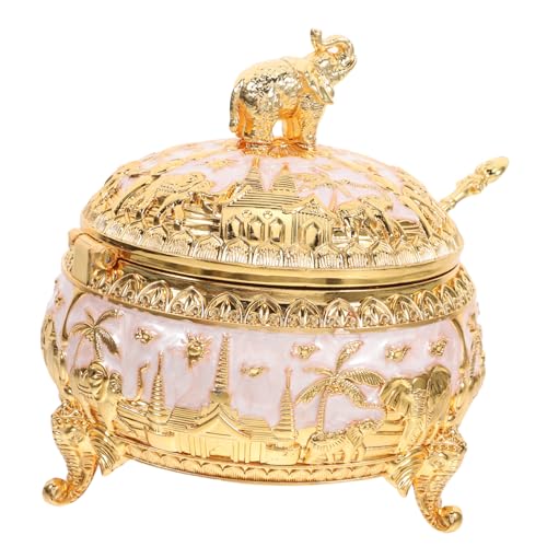 Garneck European Style Zinc Alloy Sugar Jar with Lid and Spoon Minimalist Condiment Holder for Salt Sugar and Seasonings Elegant Kitchen Decor and Space Saving Design