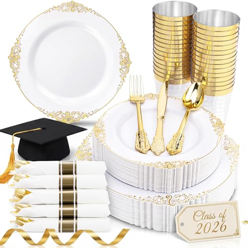 Nervure 350Pcs Gold Plastic Dinnerware Sets For 50 Guests