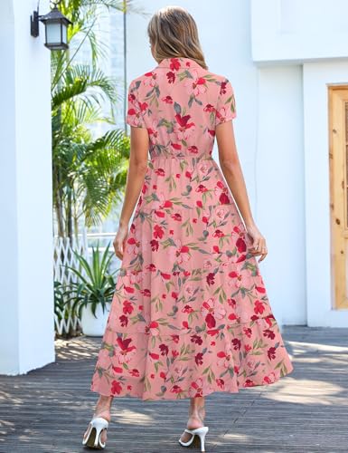 Image of Kranda Women 2026 Summer Collared V Neck Short Sleeve Button Down Chiffon Long Tiered Floral Maxi Dress with Pockets