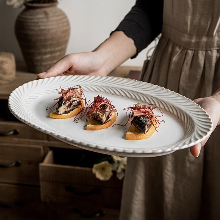 モダンな大型ディナープレート 12インチの大型フィッシュプレート、エンボス加工のオーバルセラミック製、家庭用キッチン、バーベキュー、