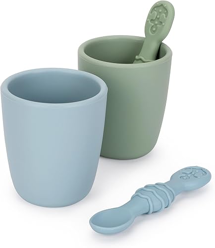 Utensilios de silicona para bebés de 6 a 12 meses, cucharas de entrenamiento de silicona suave y taza de entrenamiento pequeña de 4 onzas para