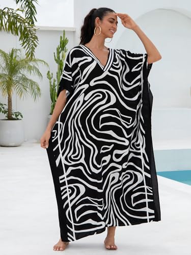 Image of KECVOT Kaftan Dresses for Women V-Neck Print Swimsuit Cover Up Plus Size Beach Caftan Lounge Dress