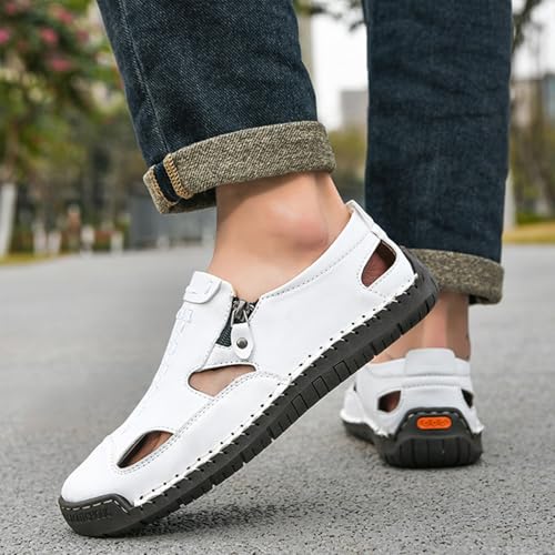 Men's Closed-Toe Leather Fisherman Sandals Slip-On | Breathable Comfortable Casual Moccasin Loafers for Summer Outdoor Driving & Walking | Side Zipper Hand-Sewn3