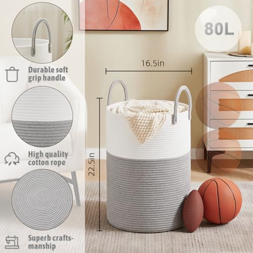 Image of Artfeel Laundry Basket,Woven Cotton Rope Laundry Hamper,80L for Decorative Storage of Dirty Clothes,Toys and Blankets in Bathroom,Baby Room and Living Room