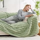 Cozy Bliss Faux Fur Throw Blanket for Couch, Cozy Warm Plush Striped Blanket for Sofa Bedroom Living Room, 60 * 80 Inches Sage Green