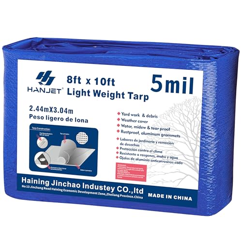 Hanjet Heavy Duty Tarp Waterproof Outdoor Tarps Multi-Purpose Tear and Rip Proof UV Resistant Blue Tarpaulin with Reinforced Grommets and Edges (5mil, 8' x 10')