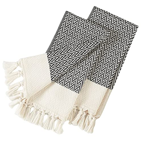Kitchen Hand Towels and Dishcloths Set of 2, Turkish Hand Towels for Bathroom, 100% Cotton Tea Towel Gift Set (14 x 30 Inches, Black)