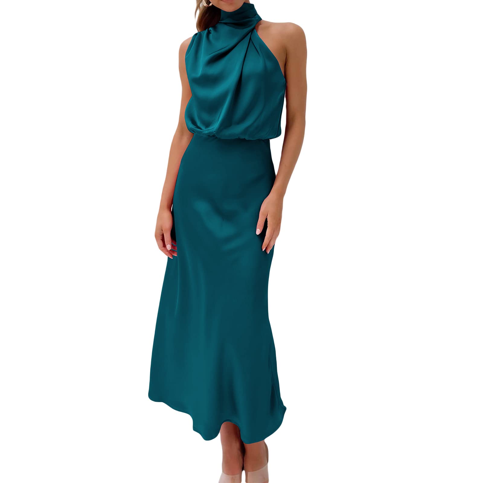 Qtinghua Vestido de cóctel sin mangas para mujer, cuello alto, elástico, cintura alta, invitada de boda, fiesta, maxi vestido