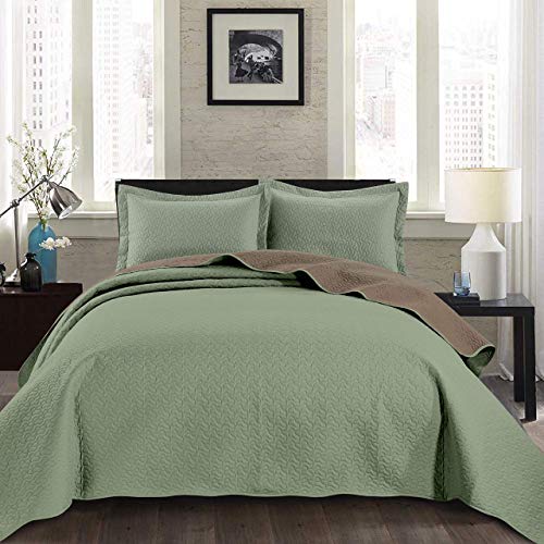 Chezmoi Collection Mesa 3-Piece Oversized Reversible Bedspread Coverlet Set (Queen, Sage/Taupe)