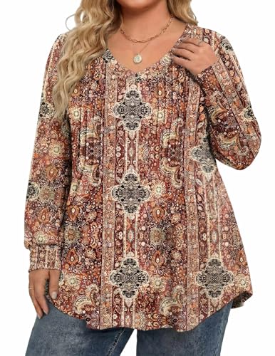 Image of IN'VOLAND Womens Plus Size Shirts V Neck Puff Long Sleeve Tops | Loose Fit, Dressy Casual Blouse, Pleated, Fall Outfits, Business Work TShirts, Basic Tees
