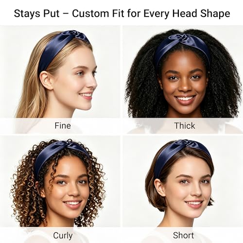 Image of ZLYC Mulberry Silk Headband for Women's Hair Elastic Hairband, Solid Navy