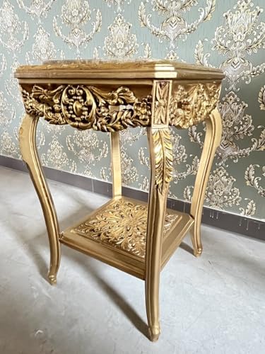 Goldener Quadratischer Beistelltisch im Französischen Barock Rokoko Stil, Handgefertigter Beistelltisch aus Holz mit Kamelfarbener Marmorplatte, Goldener Couchtisch, Teetisch als Wohndekoration – Bild 4