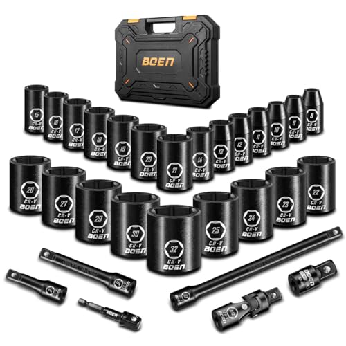 boen 8mm-32mm 1/2” Drive Metric Socket Set, Impact Shallow, 6 Point Lug Nut Socket for Auto Repair with Portable Case, CR-V Steel, 29PCS