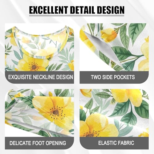 CHIFIGNO Yellow Flowers Leaves Cozy Short SleevePajama, Pj Set with Pocket 5Y3