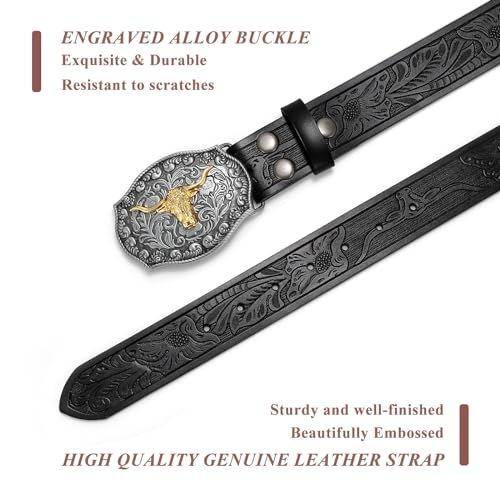 VONMELLI Western Belt for Men Women, Embossed Leather with Bull Buckle2