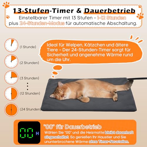 Angelpet Haustier Heizkissen XL 60x90cm – Heizdecke für Hunde & Katzen, 30–60 ℃ Temperatur & 14 Timer (0–12H/24H), Hunde Heizmatte mit Auto Screen-Off, bissfestem 1,8 m Kabel, 2 waschbaren Bezügen