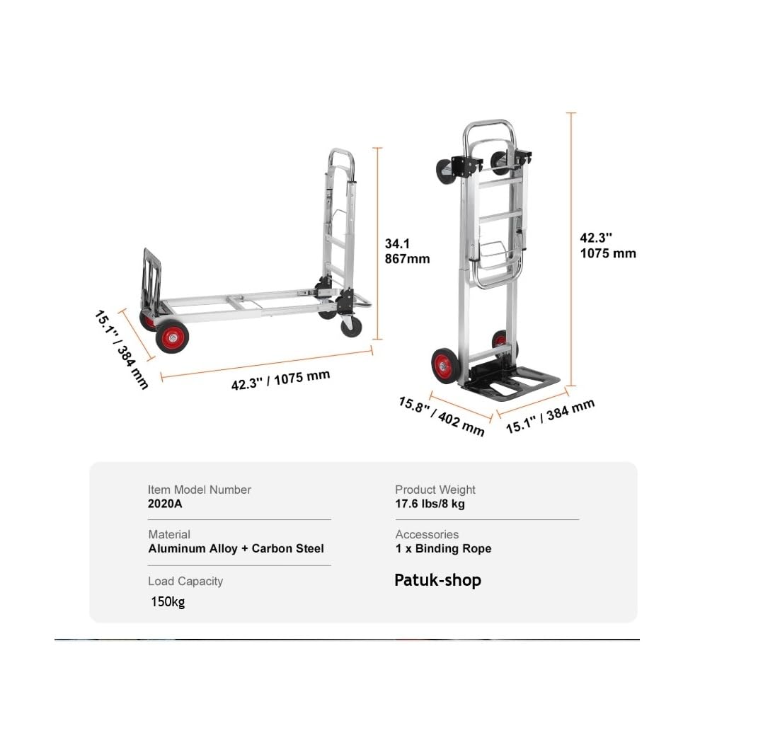 Carretilla de Mano de Aluminio 2 en 1, Carrito Plegable con 4 Ruedas, Convertible en Plataforma o Carro de Mano, Capacidad de 150 kg, Carro para Transporte en Almacen, Jardín, Hogar, Mudanzas