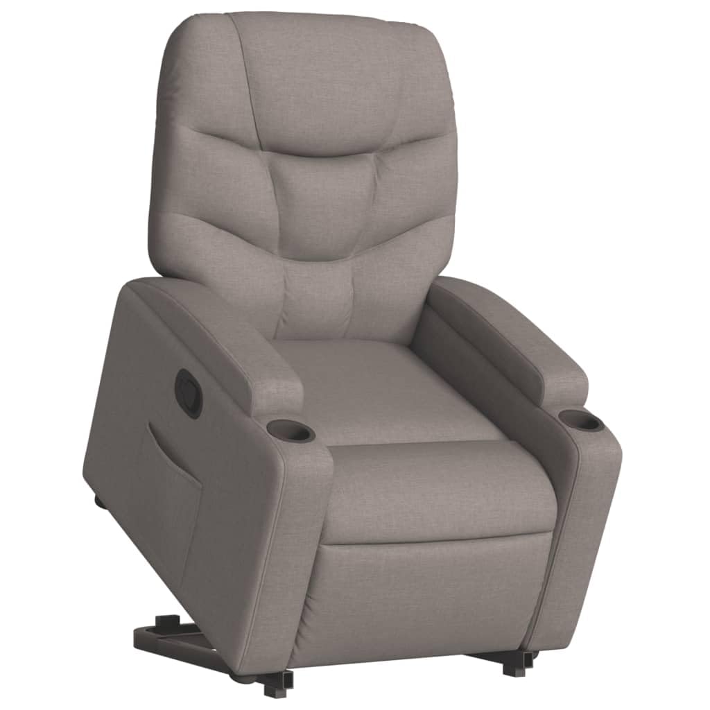 Relaxsessel mit Aufstehhilfe Elektrisch 74x89x100 cm Taupe Stoff Bequemer Lesesessel mit Liegefunktion bis 135 Grad & Getränkehalter für Wohnzimmer Schlafzimmer