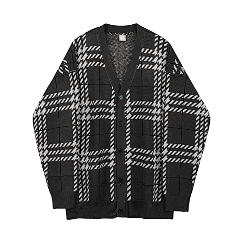 JEShifangjiusu Mens Cardigans Sweaters Fashion Simple V-Neck Stripe Plaid Buttons Loose Knit Long Sleeve Winter Overcoat
