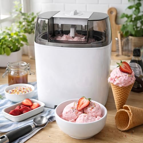 Image of HOMEBASIC 1.5L Digital Ice Cream Maker Machine with Timer, Automatic Frozen Yogurt Sorbet Maker, Pre-Freeze Bowl, Compact Homemade Healthy Dessert Maker for Sorbet, Slush & Frozen Yoghurt (White)