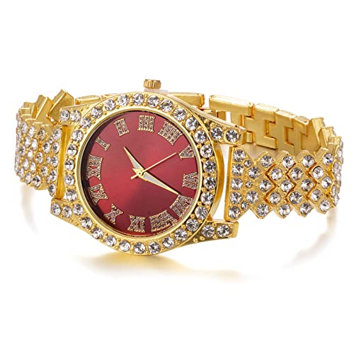 Image of Halukakah Diamonds Gold Watch Iced Out, Kid's 18K Real Gold /Platinum White Gold Plated 36MM Width Green /Blue /Red Dial Quartz Wristband 8 inch with Cuban Link Chain 7 inch+16 inch Bracelet, Free Giftbox