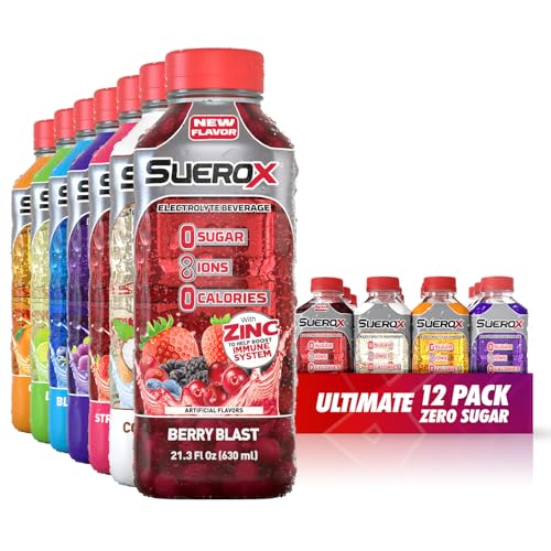 SueroX Zero Sugar Electrolyte Drink for Hydration and Recovery Unique Blend of Electrolytes & 8 Ions Zero Calorie Sports Drink 21.3 Fl Oz Ultimate Pack 12 Count