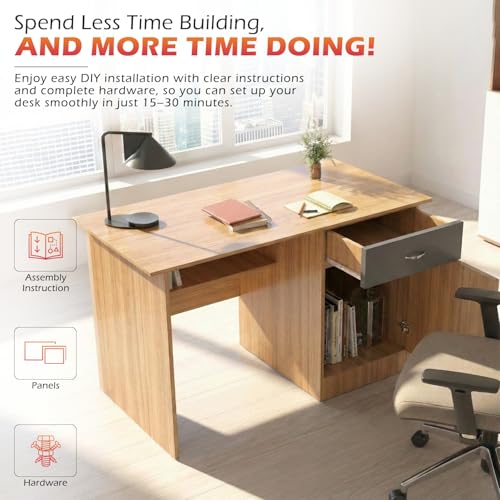 Image of Engineered Wood Study & Office Table 120x60x75cm | Matte Finish | Free Standing Compact Computer Desk with Drawer & Cabinet | 1 Year Warranty | Brown Finish - Urban Teak
