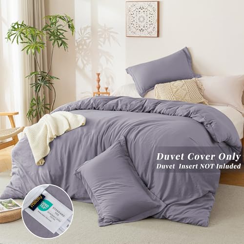 Image of MILDLY Duvet Cover Queen Ultra Soft Comforter Cover Set 3pcs, Purple | Washed Microfiber Cotton-Like, Breathable Comfort, Hidden Zipper, Corner Ties, OEKO-TEX Certified, Fade Resistant