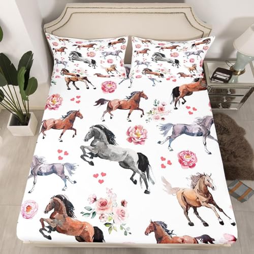Homewish Drap Housse 90x190 Cheval, Drap-Housse Ferme Western pour Enfants Garçons Filles Ados, Drap de Lit 1 Personne Poche Profonde, Parure de Lit Rose Florale Rose,...
