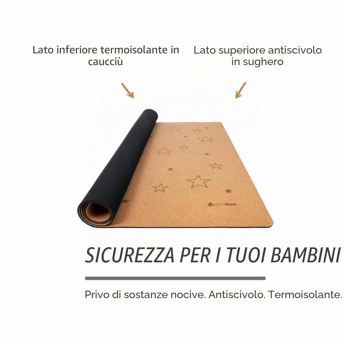 Tappetino da gioco per neonati e bambini piccoli, in sughero e gomma, Stars 140x110cm, antiallergico e antiscivolo, tappetino strisciante in materiali naturali, inclusa una borsa per il trasporto
