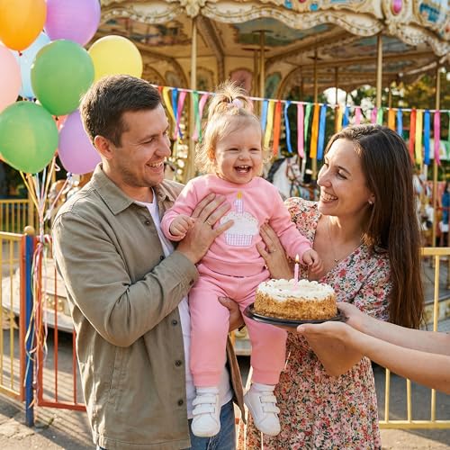 Toddler Baby Girl 1st Birthday Outfit Long Sleeve Number Cake Candle Embroidery Sweatshirt Pullover Top and Elastic Waist Pants 2Pcs First Birthday Clothes for Little Girls (Pink, 6-12 Months)