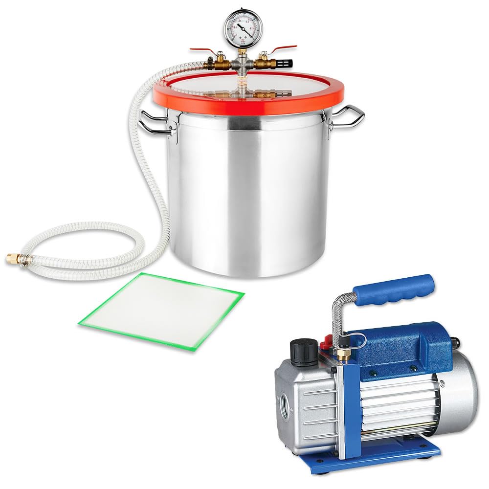Mucola Vakuumpumpe 50 l/min 200W Set mit Vakuumkammer 28x28 cm Edelstahl | Einstufige Pumpe, Aluminiumgehäuse, Öl-Schauglas, transparenter Deckel, dicht bis -1 bar, Klimaanlage, Modellbau, Epoxidharz