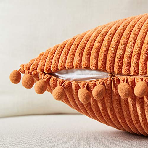 Fancy Homi Pack Of 2 Corduroy Fall Decorative Throw Pillow Covers With Pom-Poms, Solid Square Cushion Case Pillow Cases Set For Couch Sofa Bedroom Car Living Room (18X18 Inch/45X45 Cm, Orange) #TOP2