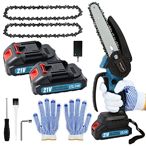 Mini motosierra de 6 pulgadas con 2 baterías, motosierras eléctricas inalámbricas con bloqueo de seguridad, motosierra pequeña de mano para cortar madera y recortar árboles