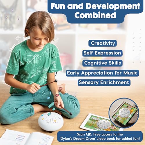 Image of Steel Tongue Drum With Songbook And Bedtime Story - Kids Musical Instruments - Musical toys for toddlers, Dylan's Dream Drum 3 In 1 Handpan drum, 6 Inch 8 notes, Diatonic