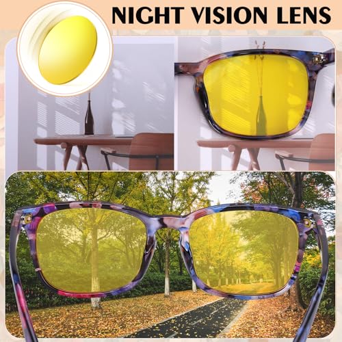 Image of Polarized Sunglasses for Women Men Night Vision Glasses Anti Glare | Yellow Anti Glare UV400 Lens, Lightweight Square Frame, for Day Night Use, Driving, Fishing, Cycling, Traveling
