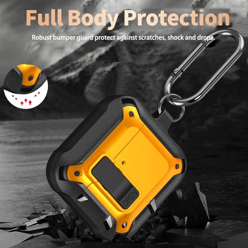 Image of Olytop for Airpods 4 Case with Lock Clip, Rugged Apple Airpods 4th Generation Cover 2024 Men Women, Armor Shockproof iPod 4 Gen Protective Hard Shell with Carabiner&Cleaner kit,Black /Yellow