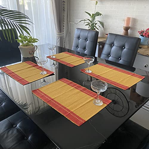 Image of RANGBHAR Handloom Washable Ribbed Cotton Tablemats /Placemats, Set of 4, 12x18, Fade /Heat Resistant, Red Mustard, Striped
