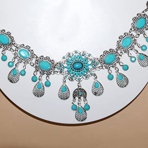 Vintage Flower Turquoise Chain Belts Silver Pear coin Pendant Metal Waist Belt Western Body Jewelry for for Women Dress Vest Jeans for Waistline 25-45inch (Silver Plated) 5