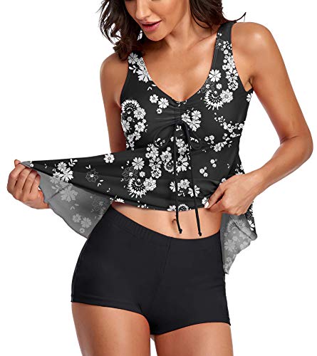 Modest Tankini Swimsuits for Women Two Piece Bathing Suits Floral Print Tank Top with Boyshorts2