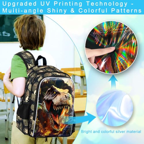 Image of 3Pcs Dinosaur Backpack for Boys, 16 inch Kids School Bookbag with Lunch Box, Dino Backpacks Set for Elementary Preschool Kindergarten(Brown)