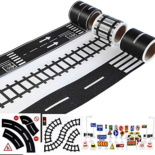 LOLPALONE Cinta de Carretera para Juguete Coches y Trenes 3 Rolls 4.8cmx5m Curva Recta Monitorear el Tráfico Señales - para Niños de Regalo