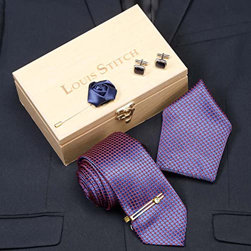 Image of LOUIS STITCH Mens Silk NeckTie Golden Tiepin Gift Combo Set With Pocket Square Cufflinks Brooch Tie Golden Tiepin (Suit Accessories) (Britain)