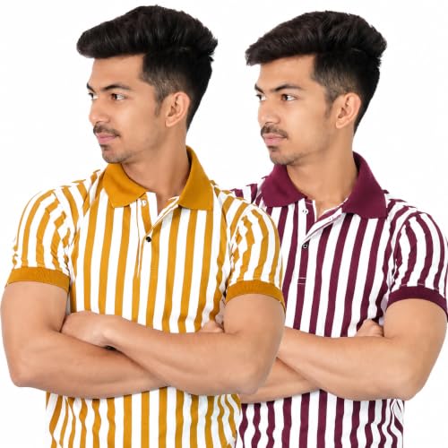 Image of Men's Striped Polo T-Shirt, Pack of 2, Mustard and Maroon